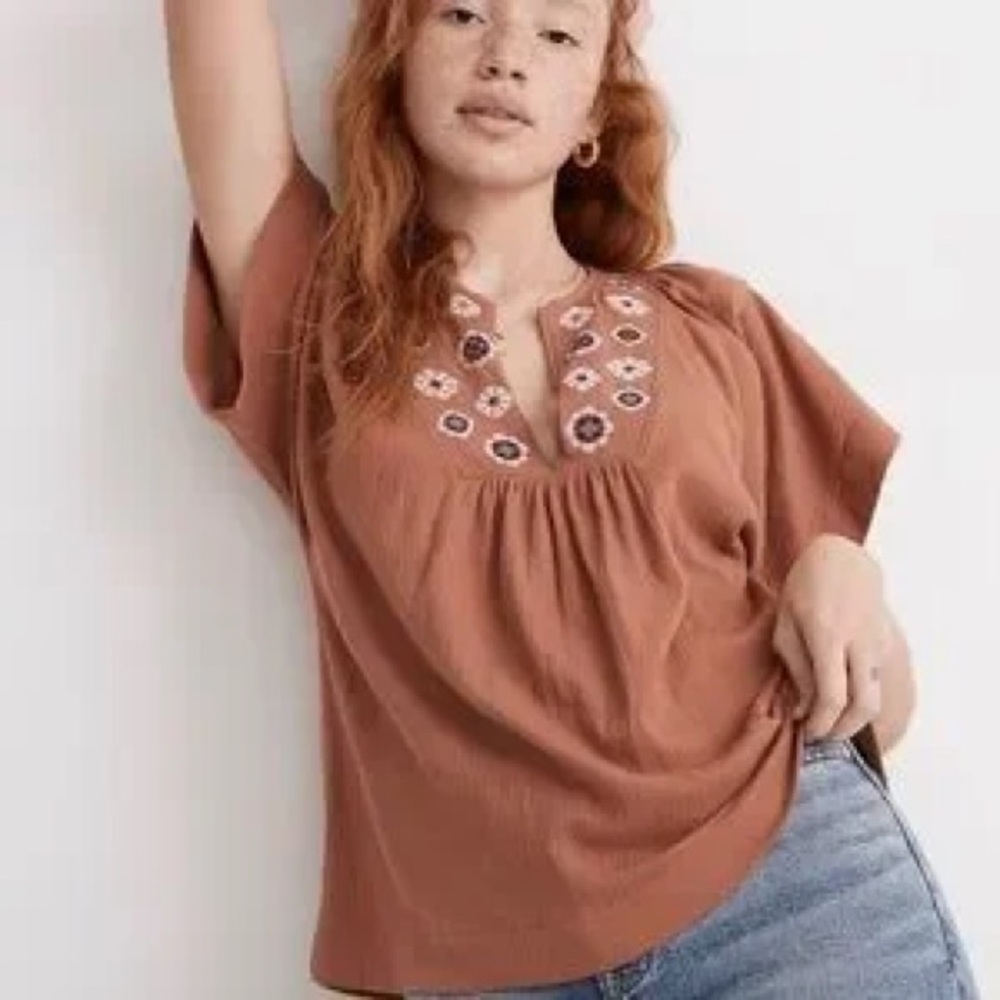 Madewell Embroidered Knit Lightspun Flutter-Sleeve Top In Warm Umber NWT